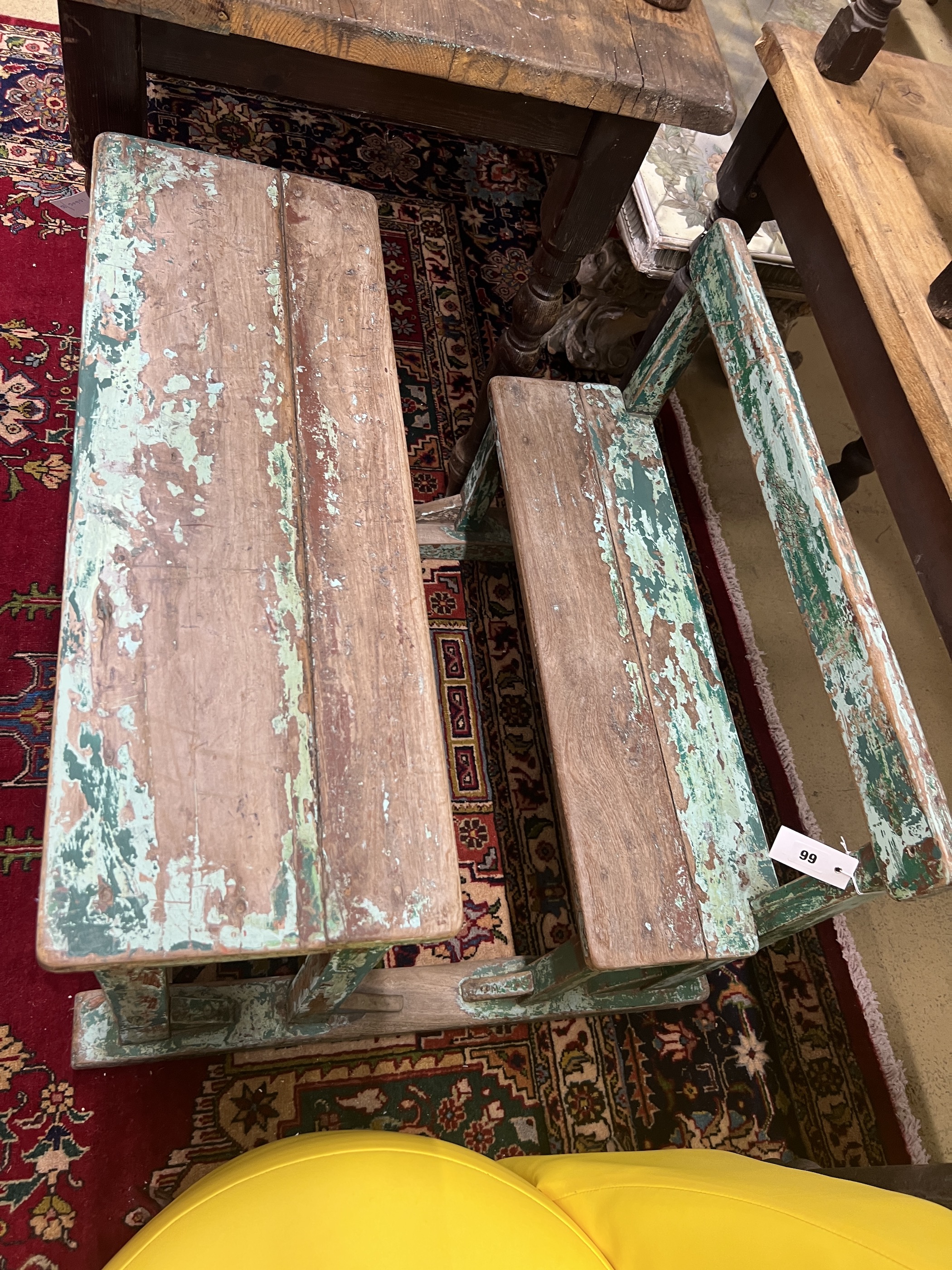 A Continental part painted hardwood child's double desk, width 76cm, depth 76cm, height 60cm